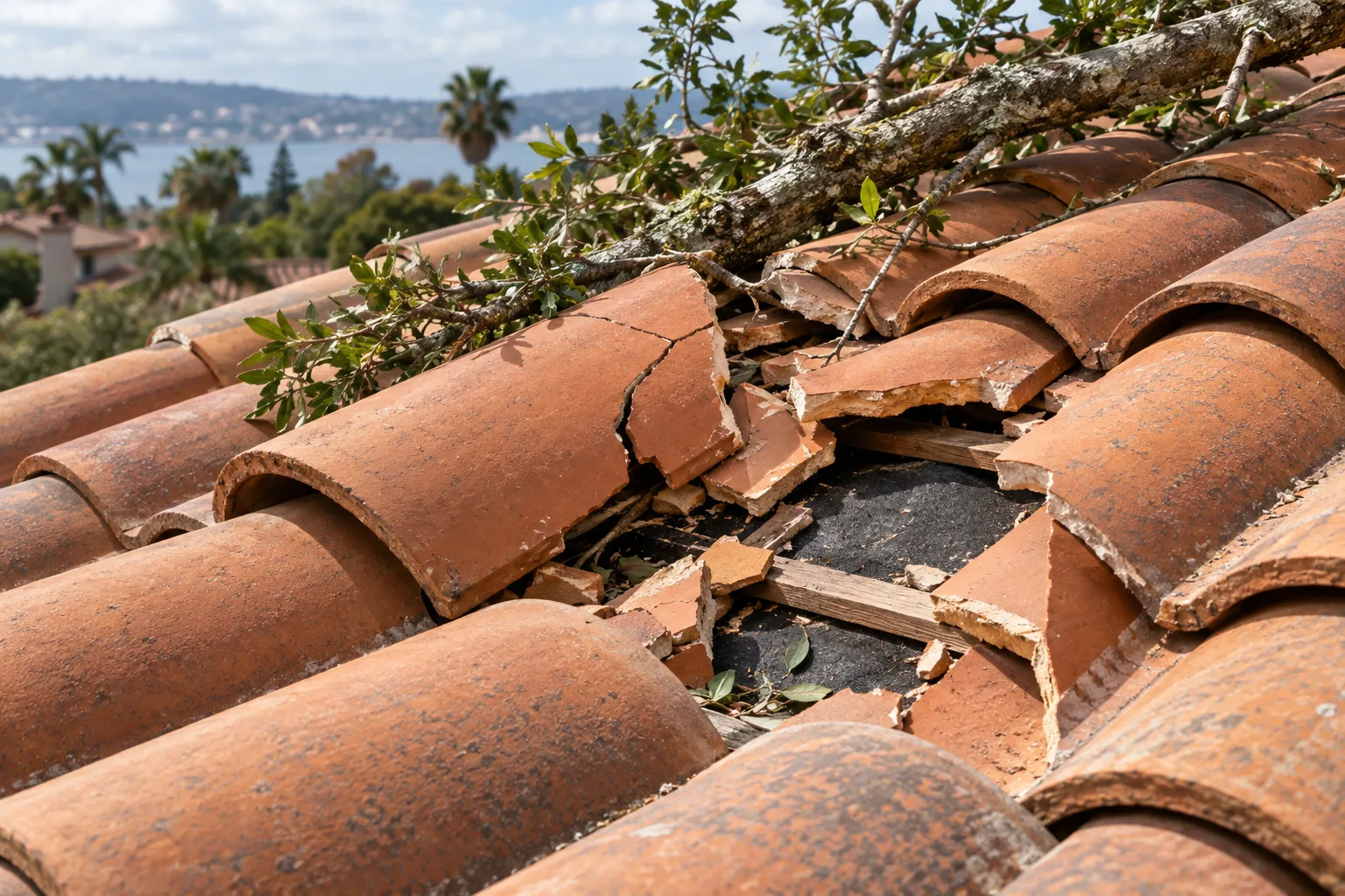 Fallen branch rests across freshly broken roof tiles exposing underlayment and battens.