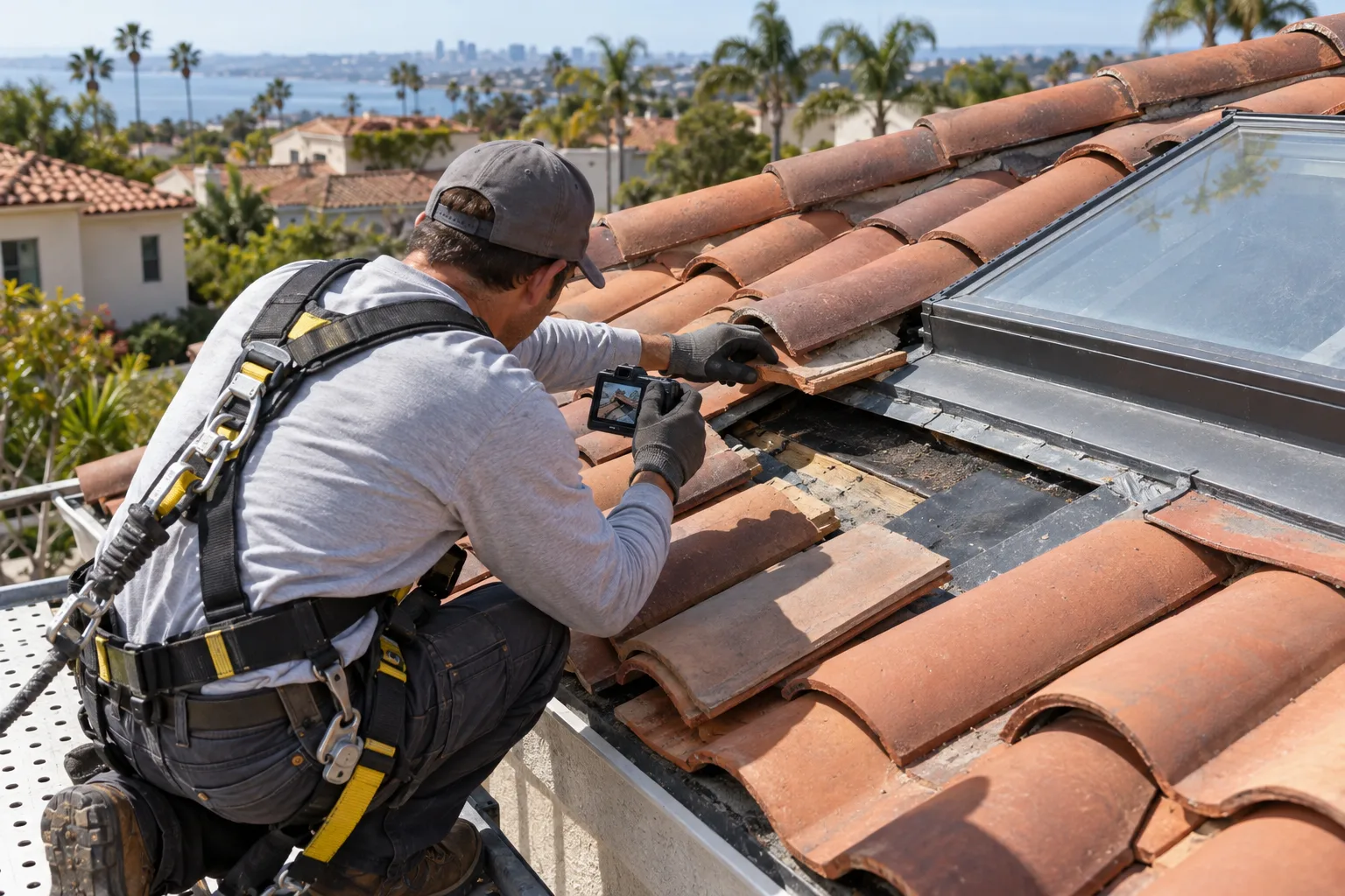 Roof inspector photographs damaged tiles and exposed underlayment beside skylight flashing.