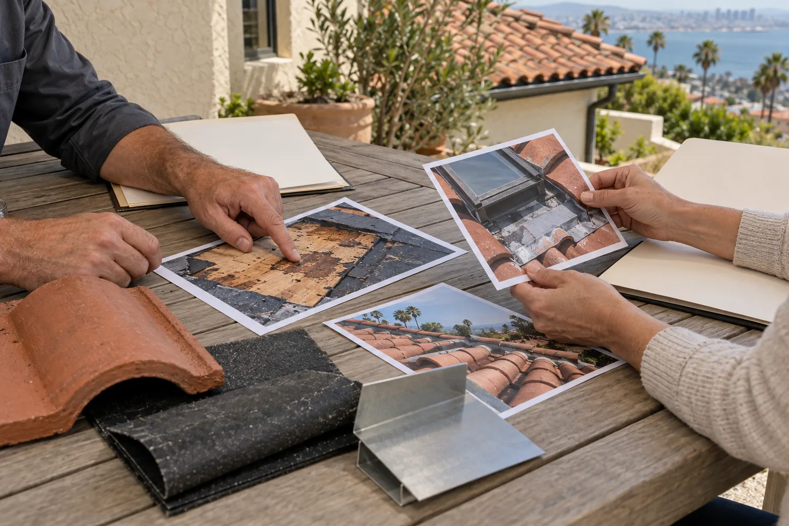 Homeowner and contractor review roof damage photographs beside tile and flashing samples.