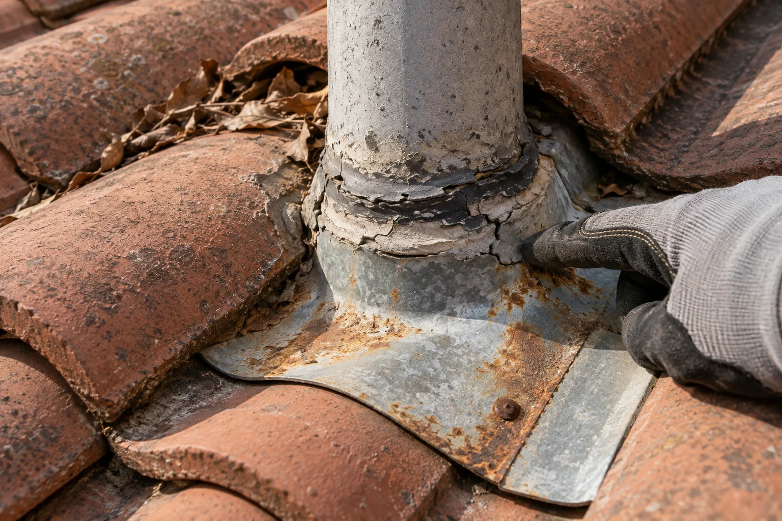 Gloved inspector points at cracked sealant and corroded flashing around a roof vent.