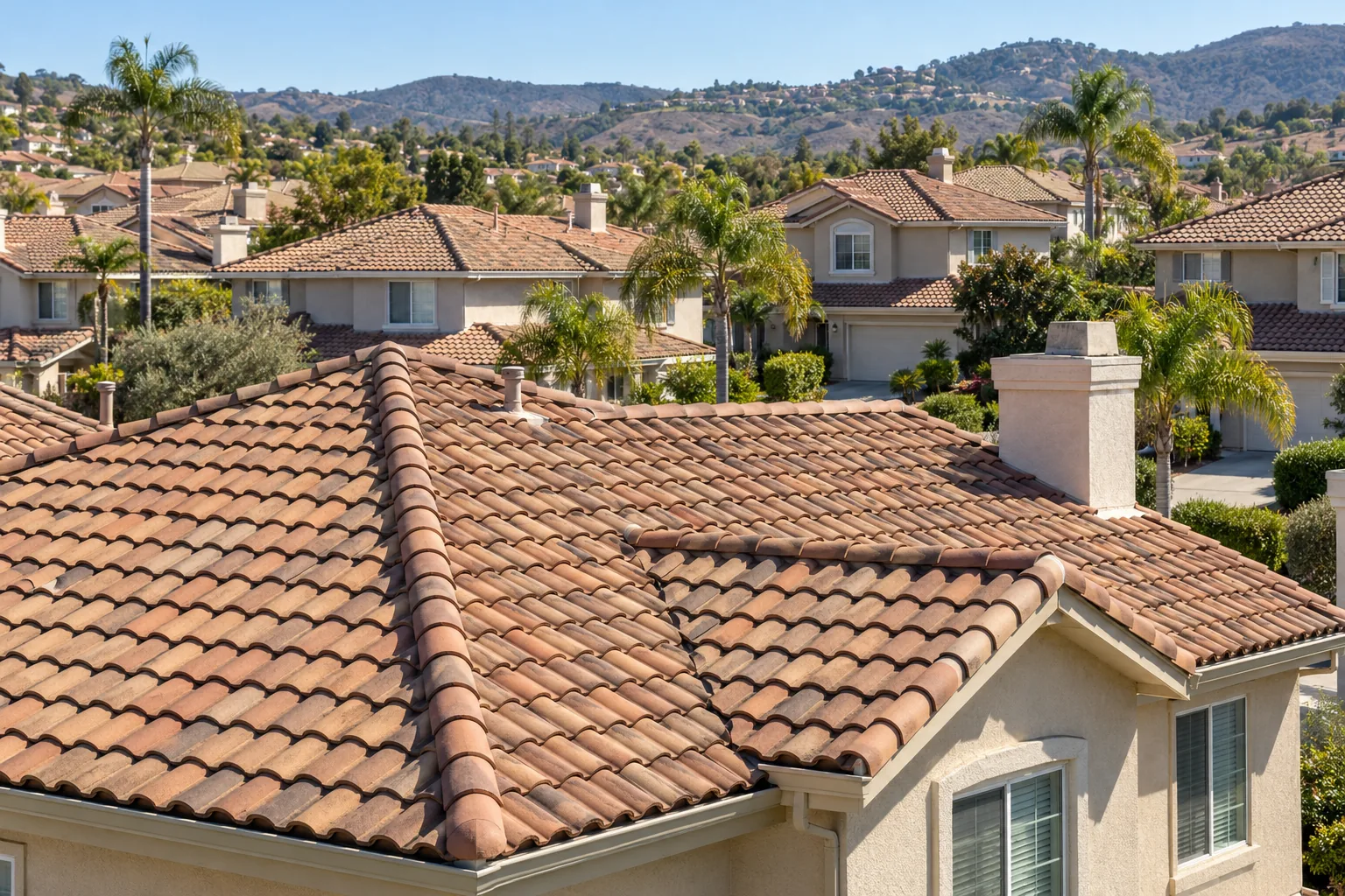 Aging concrete tile roofs repeat across a San Diego tract home neighborhood.